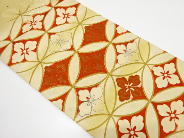 アンティーク　花七宝模様　刺繍　昼夜帯（材料）